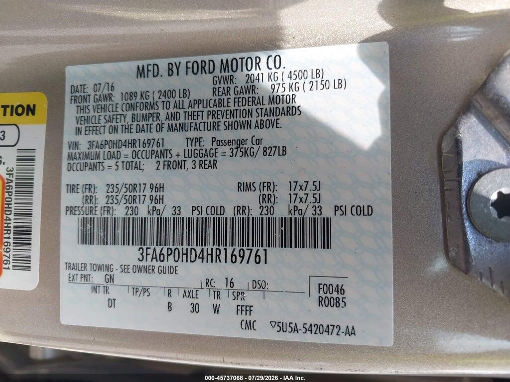 3FA6P0HD4HR169761 2017 FORD FUSION photo no. 9