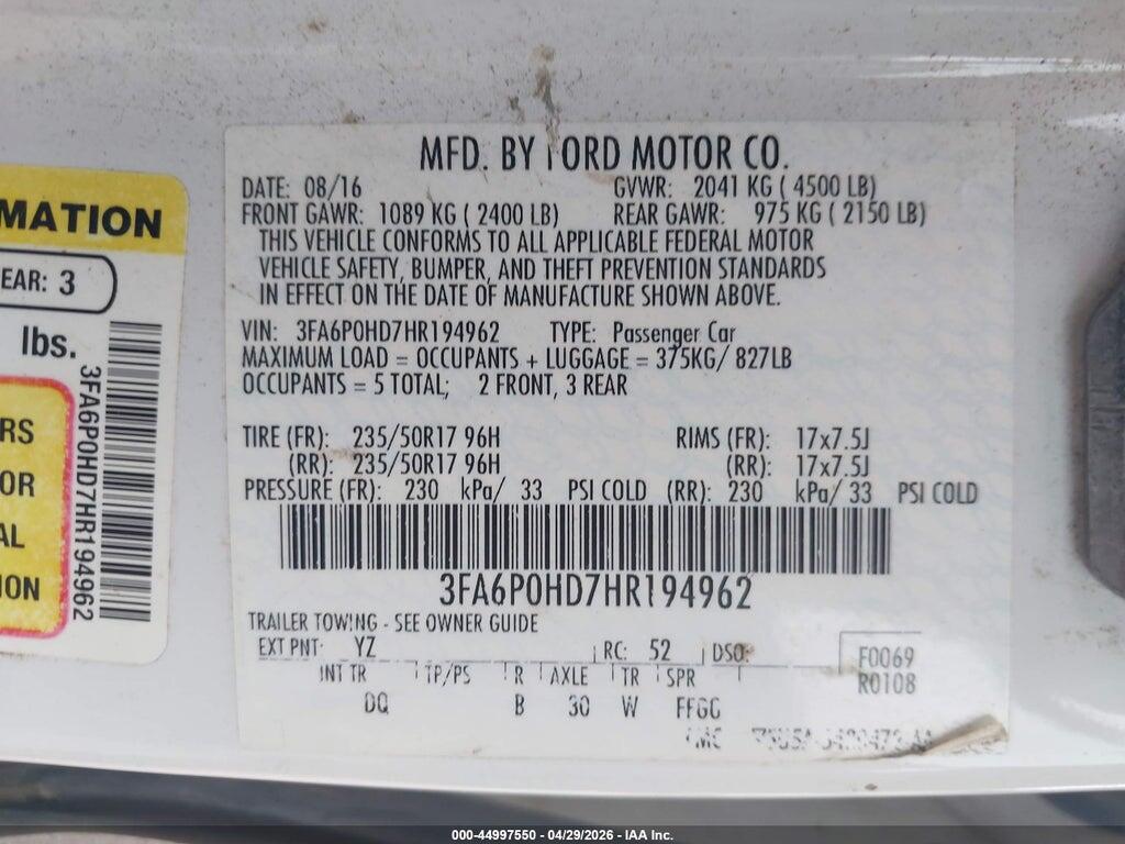 3FA6P0HD7HR194962 2017 FORD FUSION photo no. 9