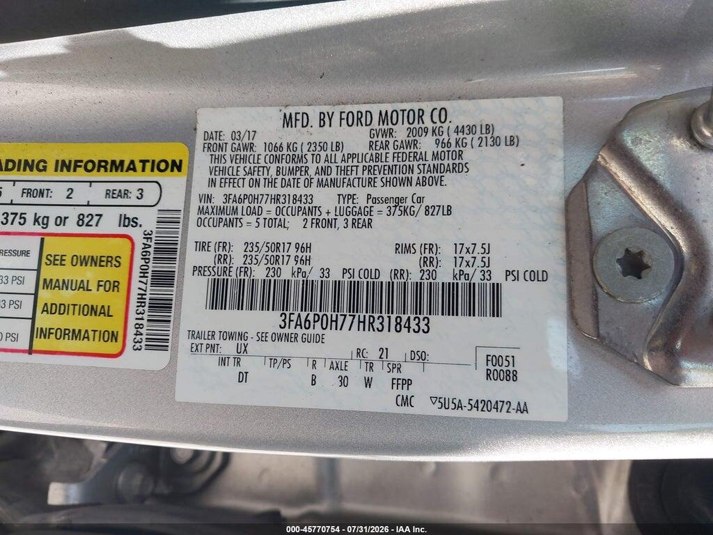3FA6P0H77HR318433 2017 FORD FUSION photo no. 9