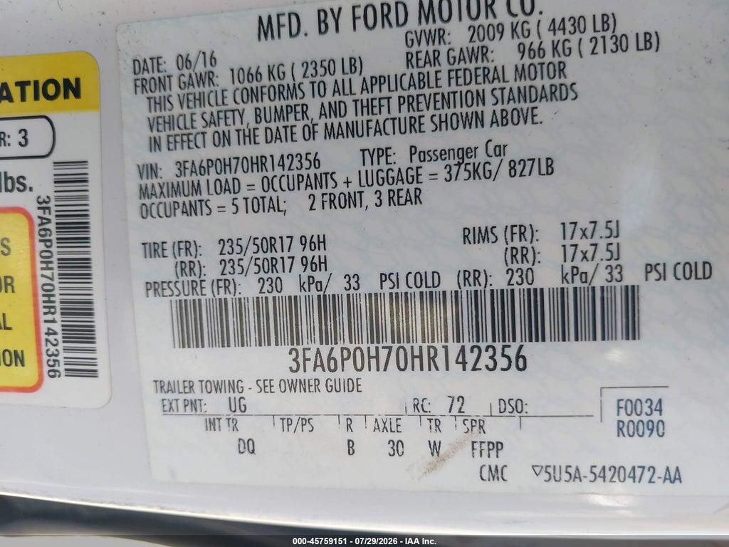 3FA6P0H70HR142356 2017 FORD FUSION photo no. 9