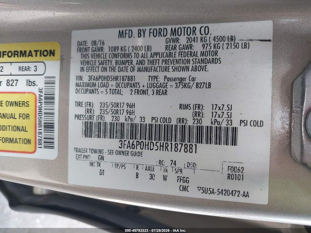 3FA6P0HD5HR187881 2017 FORD FUSION photo no. 9