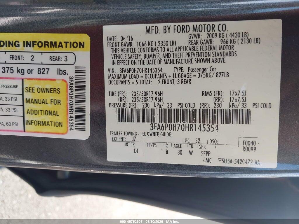 3FA6P0H70HR145354 2017 FORD FUSION photo no. 9