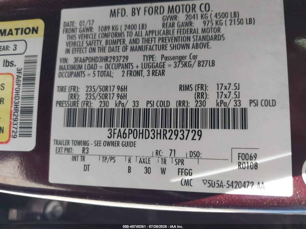 3FA6P0HD3HR293729 2017 FORD FUSION photo no. 9