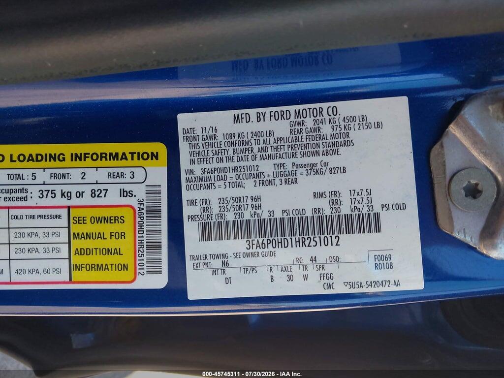 3FA6P0HD1HR251012 2017 FORD FUSION photo no. 9
