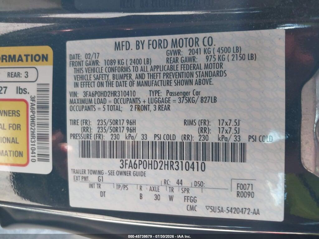 3FA6P0HD2HR310410 2017 FORD FUSION photo no. 9