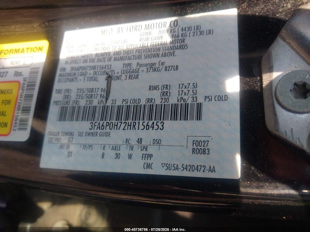 3FA6P0H72HR156453 2017 FORD FUSION photo no. 9