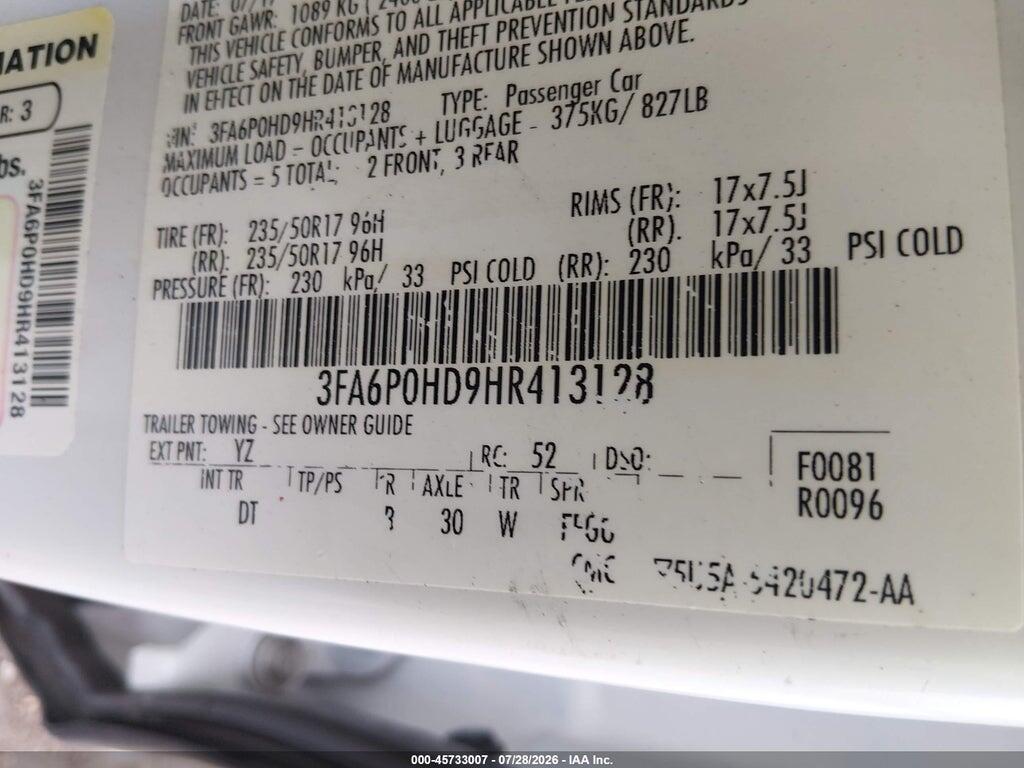 3FA6P0HD9HR413128 2017 FORD FUSION photo no. 9