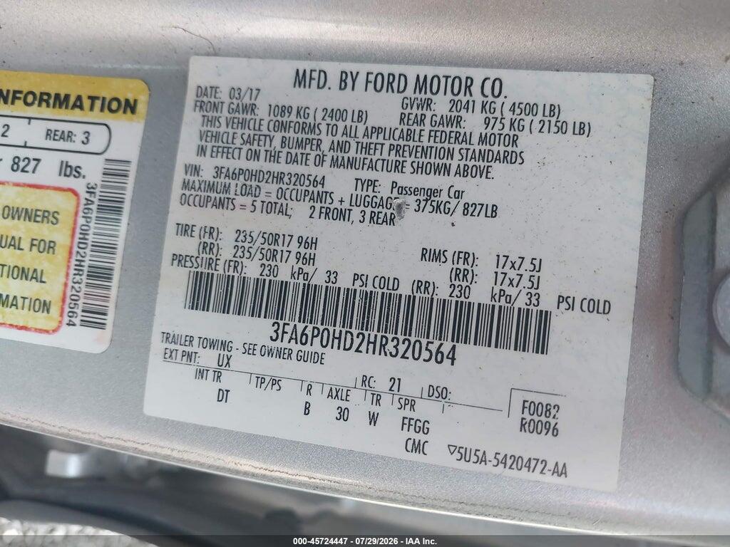 3FA6P0HD2HR320564 2017 FORD FUSION photo no. 9