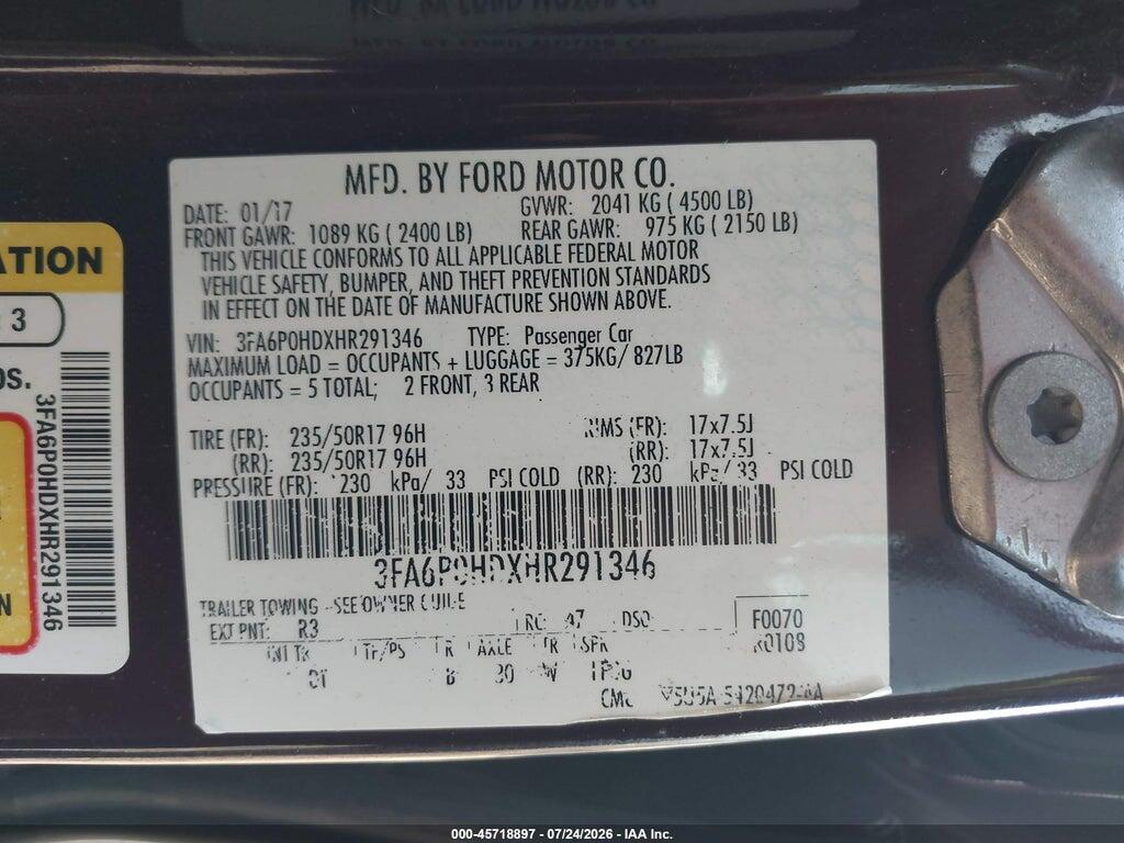 3FA6P0HDXHR291346 2017 FORD FUSION photo no. 9