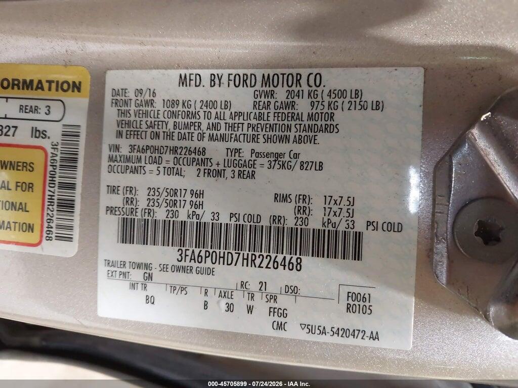 3FA6P0HD7HR226468 2017 FORD FUSION photo no. 9