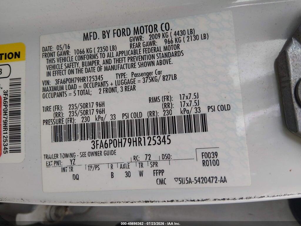 3FA6P0H79HR125345 2017 FORD FUSION photo no. 9