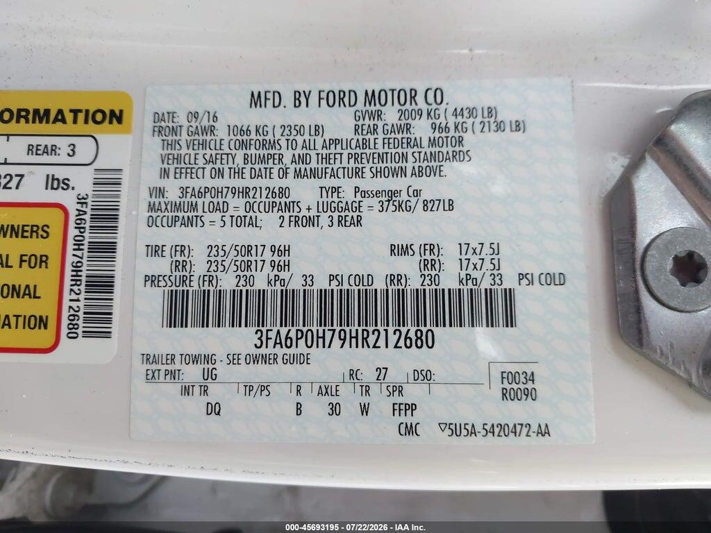 3FA6P0H79HR212680 2017 FORD FUSION photo no. 9