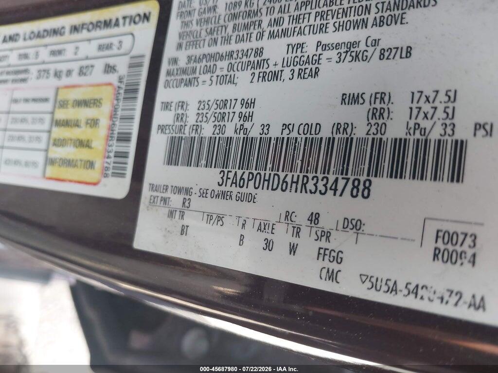 3FA6P0HD6HR334788 2017 FORD FUSION photo no. 9