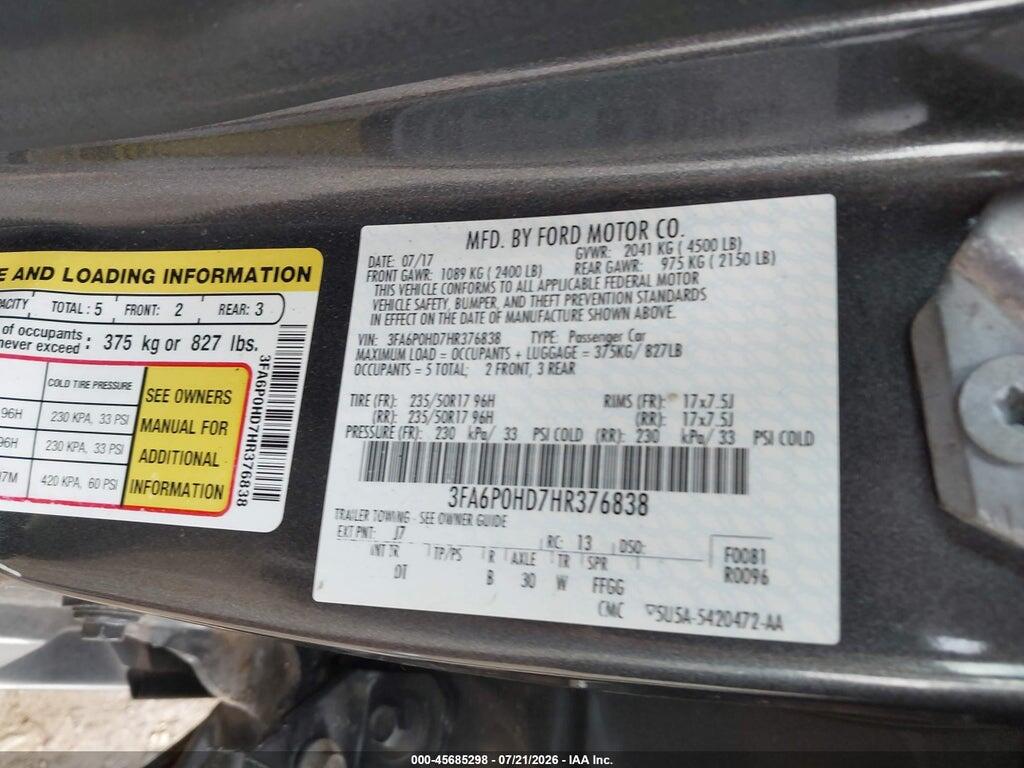 3FA6P0HD7HR376838 2017 FORD FUSION photo no. 9