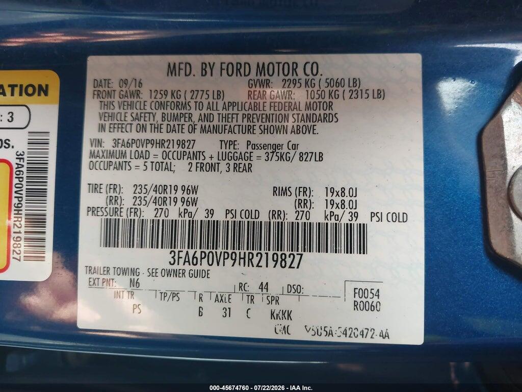 3FA6P0VP9HR219827 2017 FORD FUSION photo no. 9