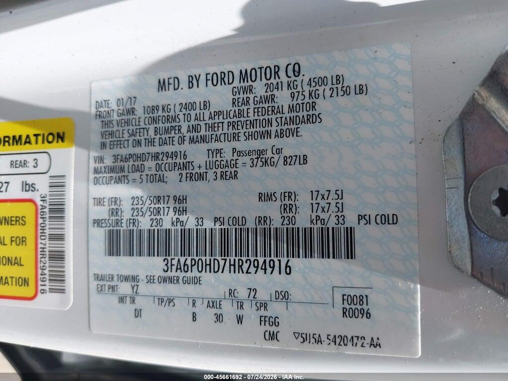 3FA6P0HD7HR294916 2017 FORD FUSION photo no. 9