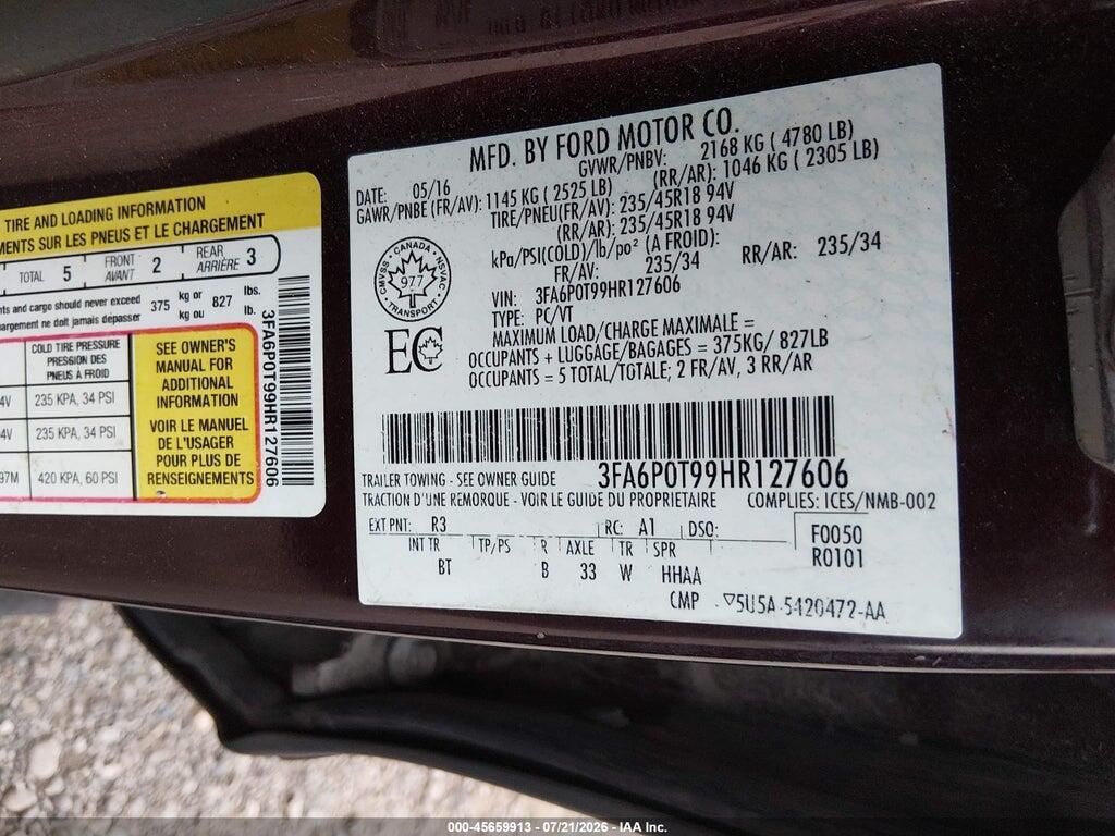 3FA6P0T99HR127606 2017 FORD FUSION photo no. 9