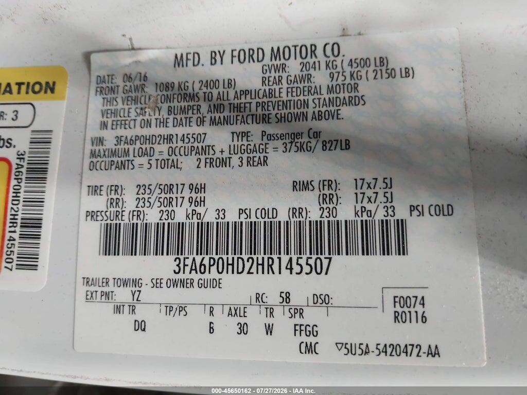 3FA6P0HD2HR145507 2017 FORD FUSION photo no. 9