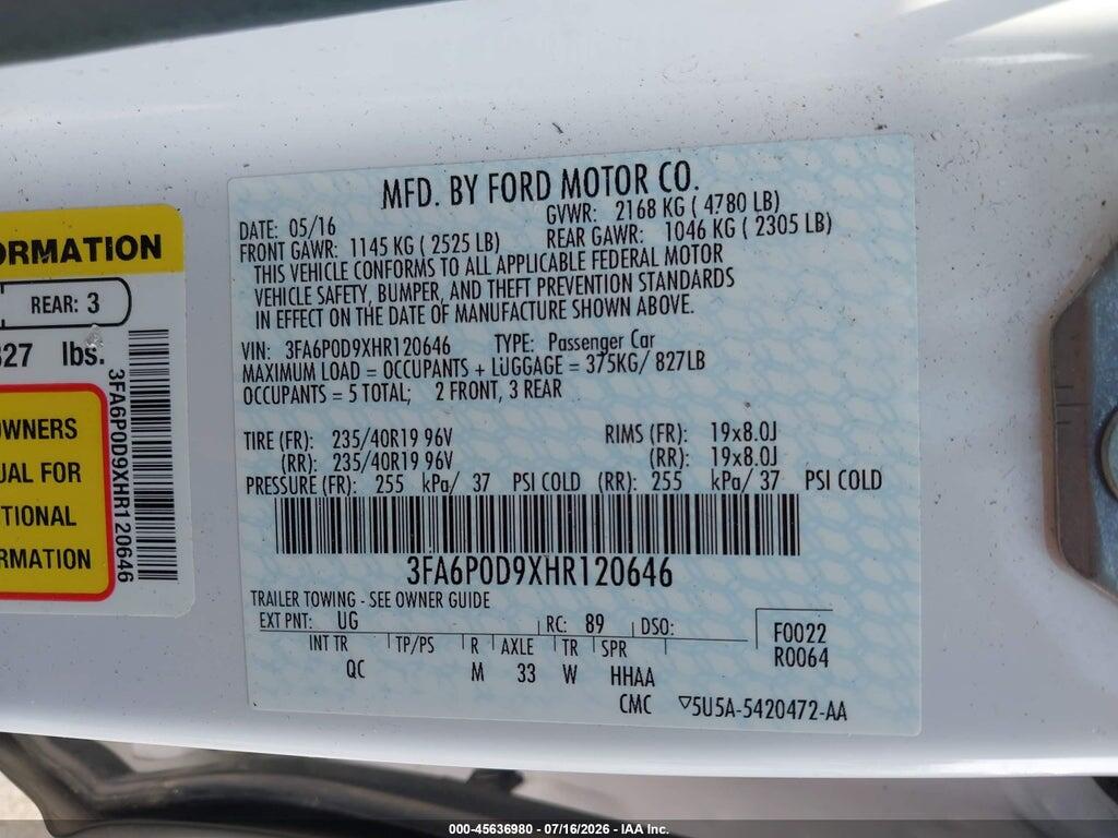 3FA6P0D9XHR120646 2017 FORD FUSION photo no. 9
