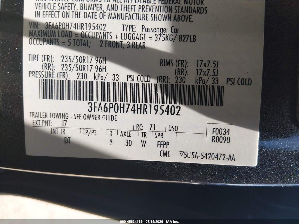 3FA6P0H74HR195402 2017 FORD FUSION photo no. 9