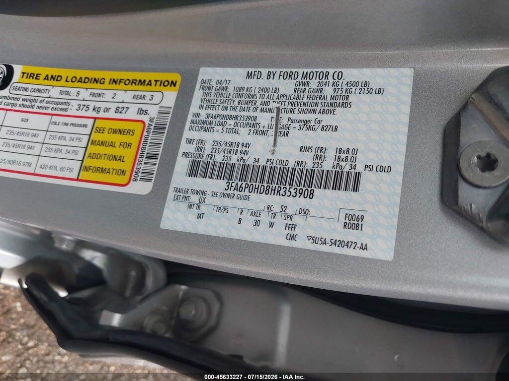 3FA6P0HD8HR353908 2017 FORD FUSION photo no. 9