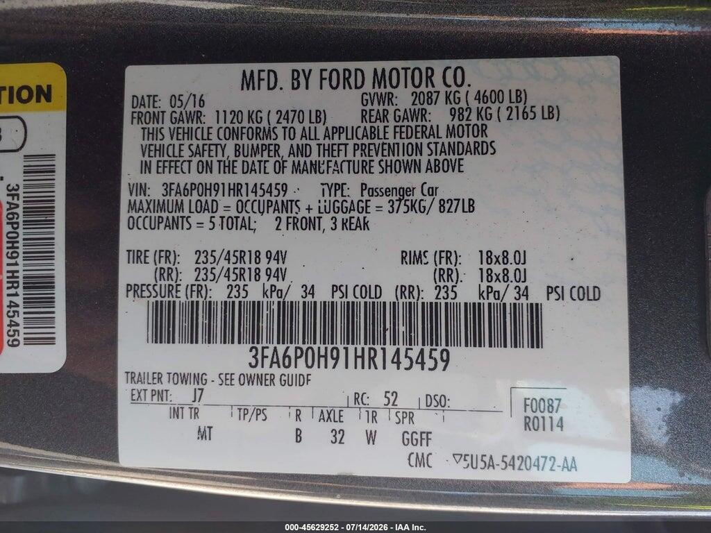 3FA6P0H91HR145459 2017 FORD FUSION photo no. 9