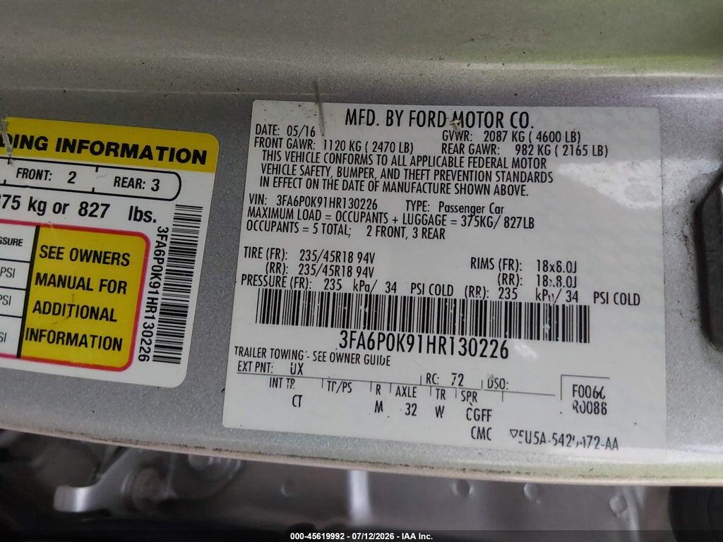 3FA6P0K91HR130226 2017 FORD FUSION photo no. 9