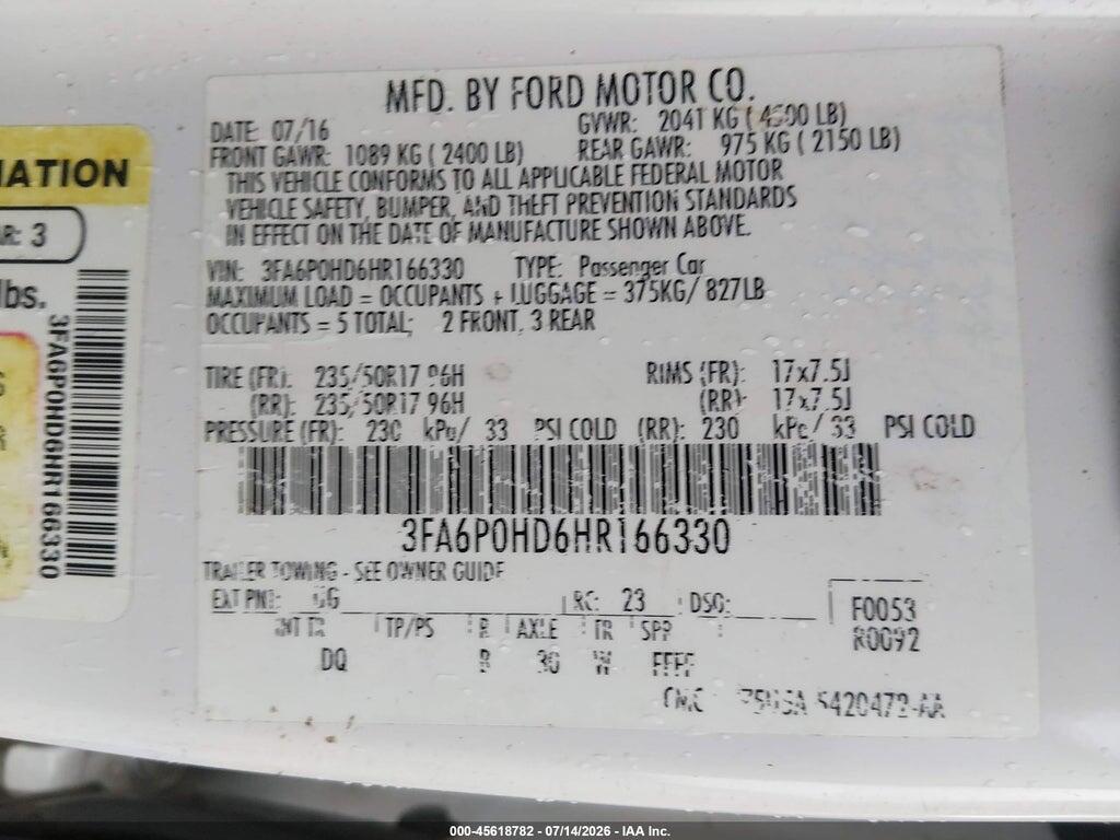 3FA6P0HD6HR166330 2017 FORD FUSION photo no. 9