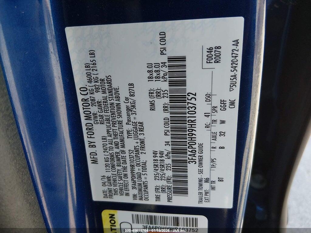 3FA6P0H99HR103752 2017 FORD FUSION photo no. 9