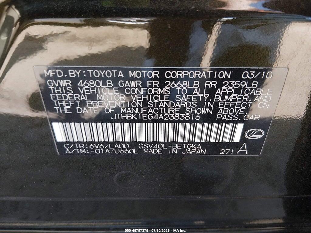 JTHBK1EG4A2383816 2010 LEXUS ES 350 photo no. 9