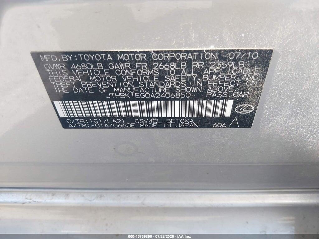 JTHBK1EG0A2406850 2010 LEXUS ES 350 photo no. 9