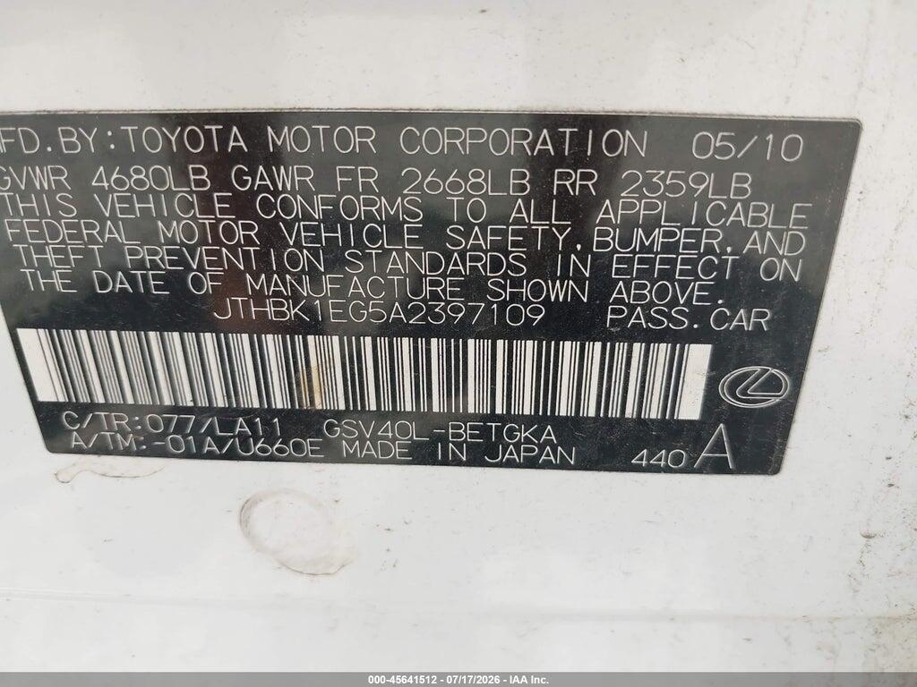 JTHBK1EG5A2397109 2010 LEXUS ES 350 photo no. 9