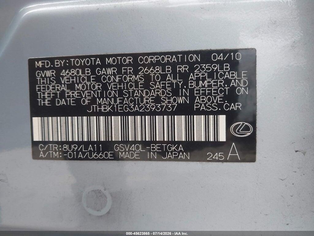 JTHBK1EG3A2393737 2010 LEXUS ES 350 photo no. 9