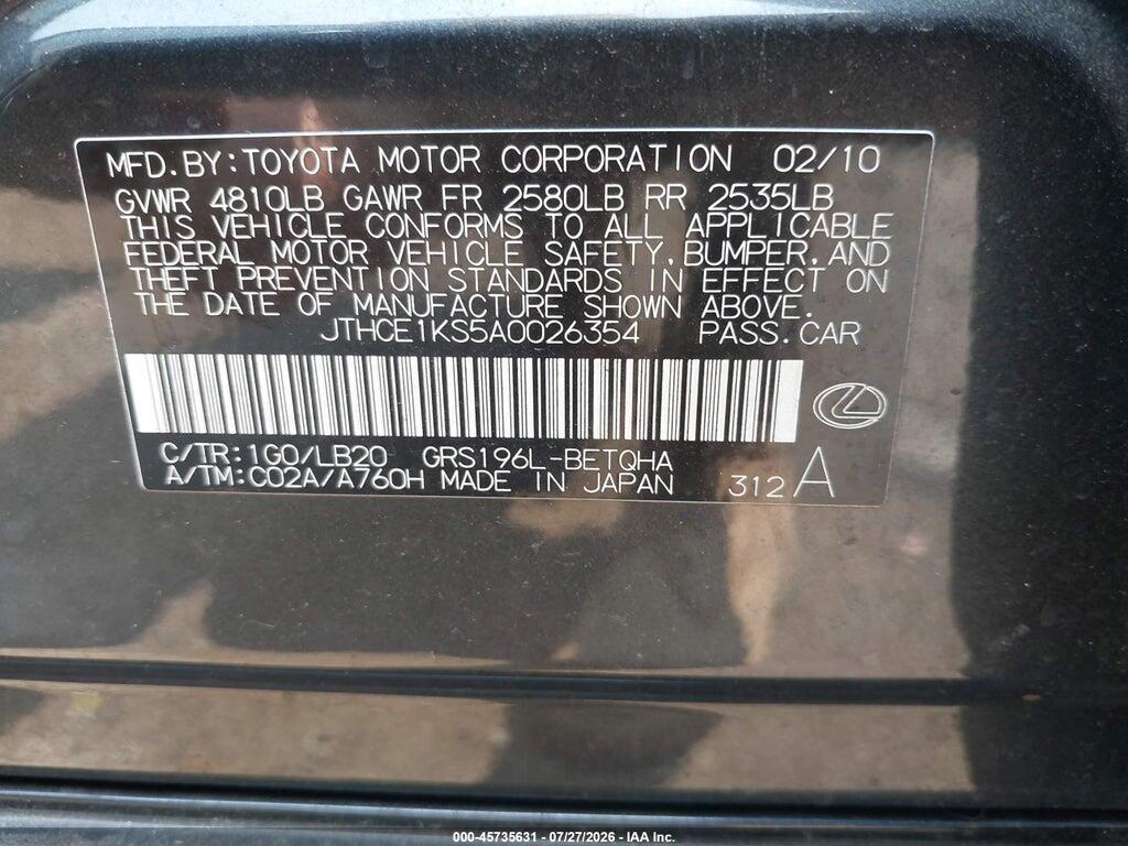 JTHCE1KS5A0026354 2010 LEXUS GS 350 photo no. 9