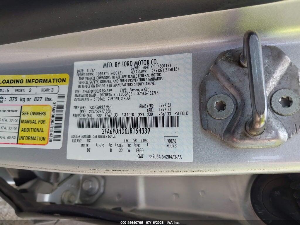 3FA6P0HD0JR154339 2018 FORD FUSION photo no. 9