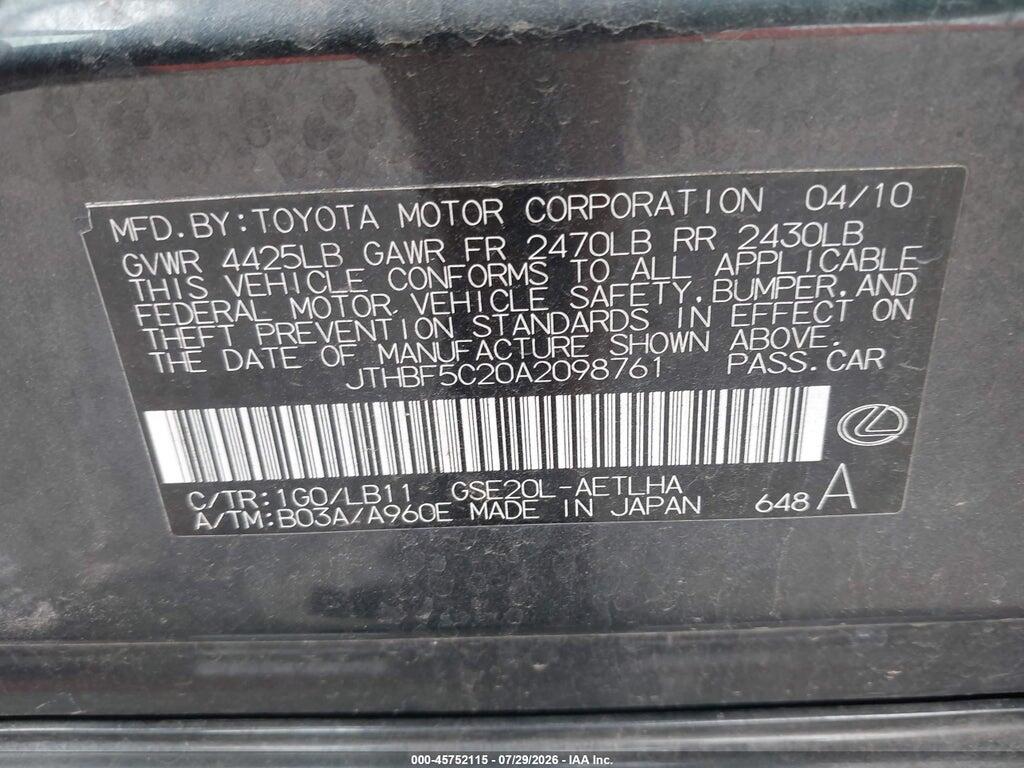 JTHBF5C20A2098761 2010 LEXUS IS 250 photo no. 9