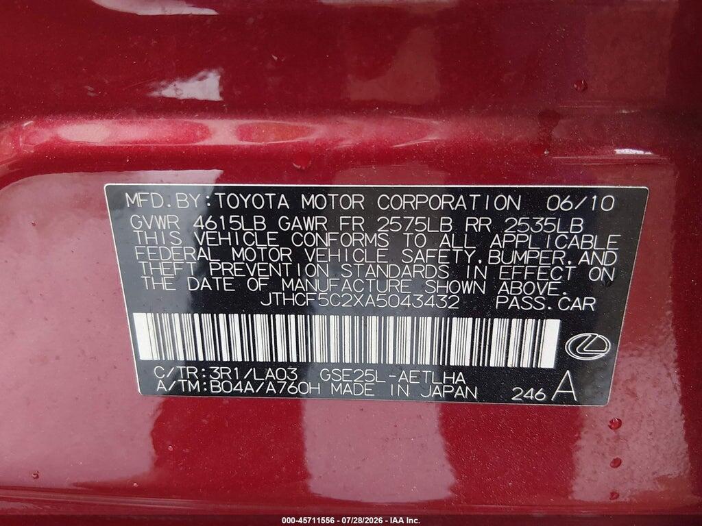 JTHCF5C2XA5043432 2010 LEXUS IS 250 photo no. 9