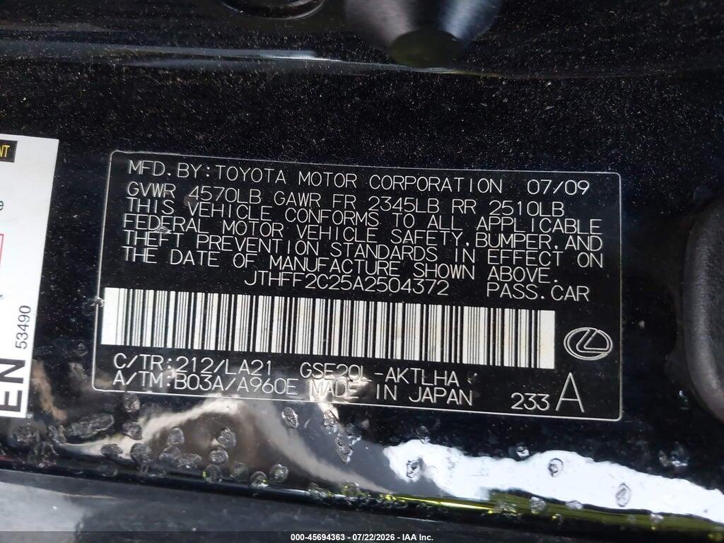 JTHFF2C25A2504372 2010 LEXUS IS 250C photo no. 9