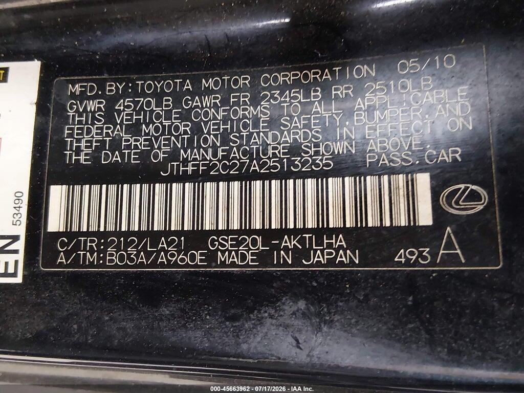 JTHFF2C27A2513235 2010 LEXUS IS 250C photo no. 9