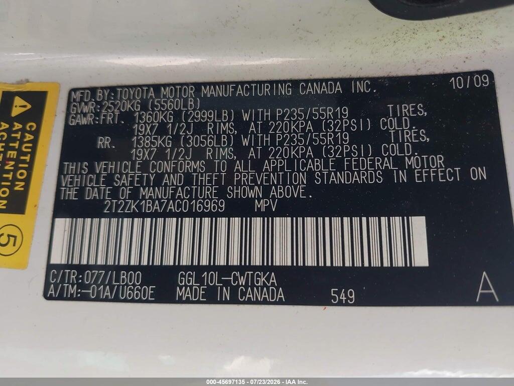 2T2ZK1BA7AC016969 2010 LEXUS RX 350 photo no. 9