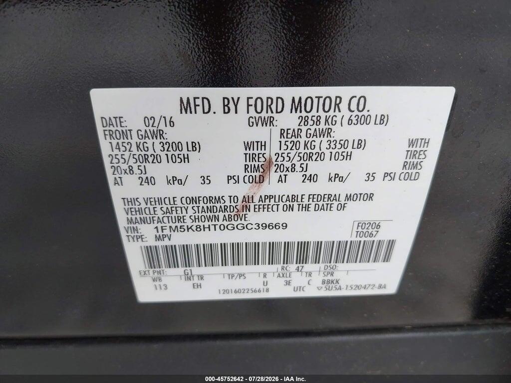 1FM5K8HT0GGC39669 2016 FORD EXPLORER photo no. 9