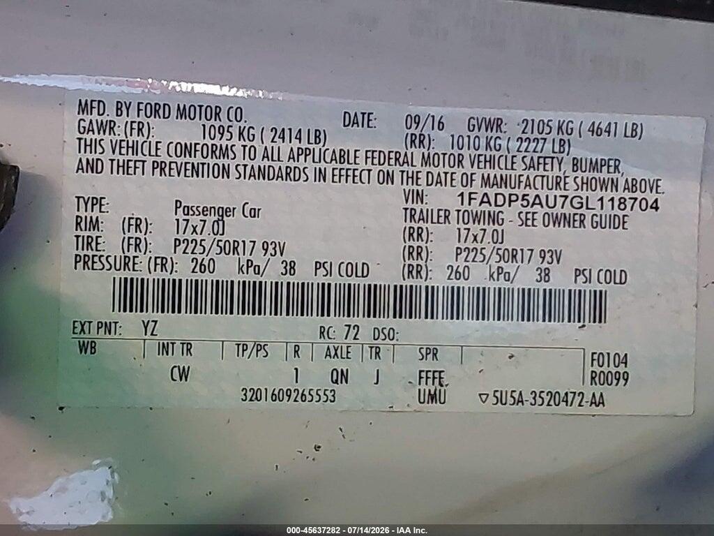 1FADP5AU7GL118704 2016 FORD C-MAX HYBRID photo no. 9