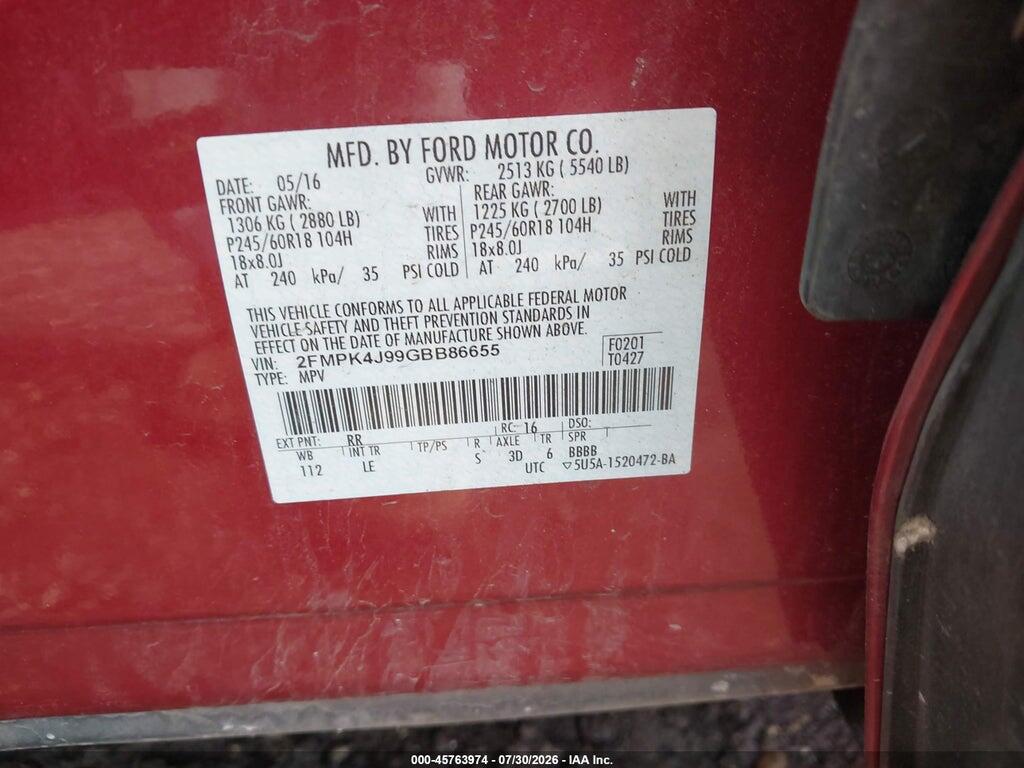 2FMPK4J99GBB86655 2016 FORD EDGE photo no. 9