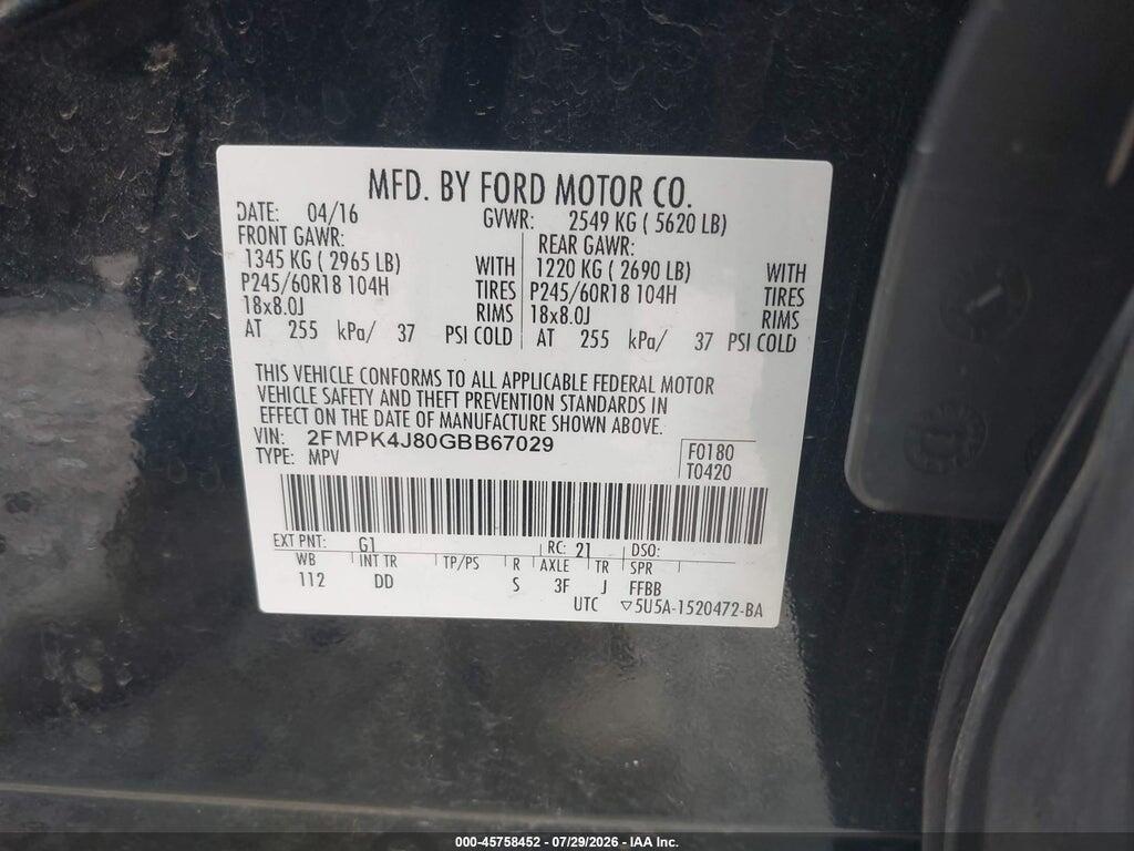 2FMPK4J80GBB67029 2016 FORD EDGE photo no. 9