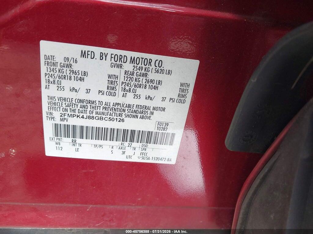 2FMPK4J88GBC50126 2016 FORD EDGE photo no. 9