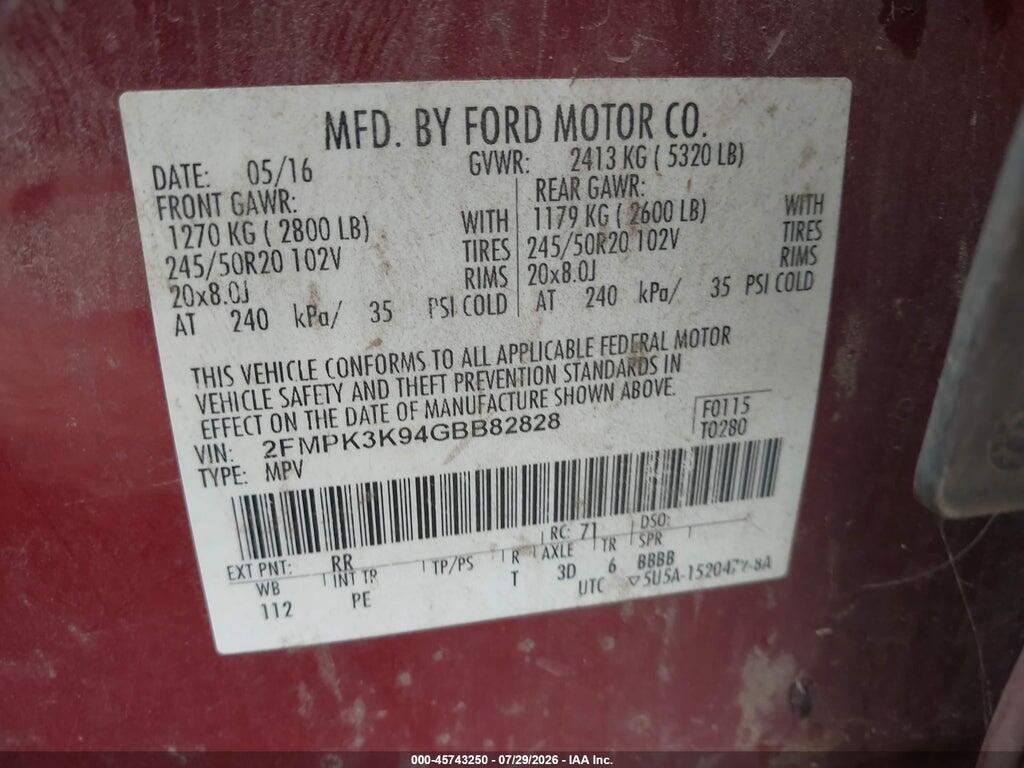 2FMPK3K94GBB82828 2016 FORD EDGE photo no. 9