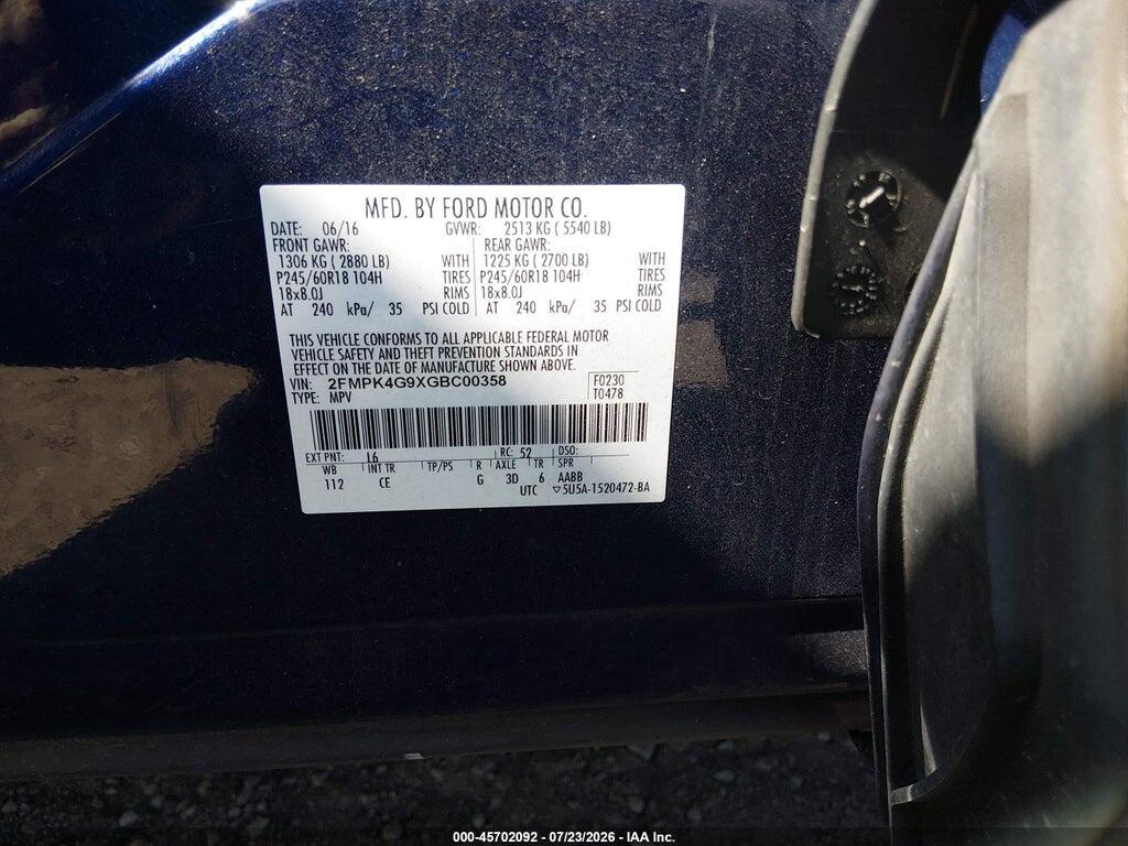 2FMPK4G9XGBC00358 2016 FORD EDGE photo no. 9