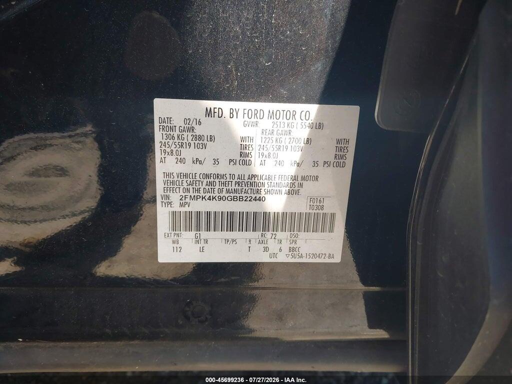2FMPK4K90GBB22440 2016 FORD EDGE photo no. 9