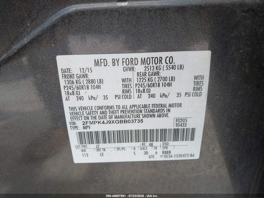 2FMPK4J9XGBB03735 2016 FORD EDGE photo no. 9