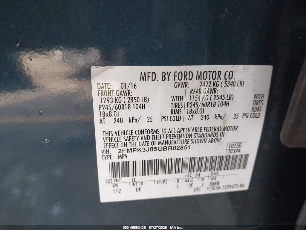 2FMPK3J85GBB02851 2016 FORD EDGE photo no. 9